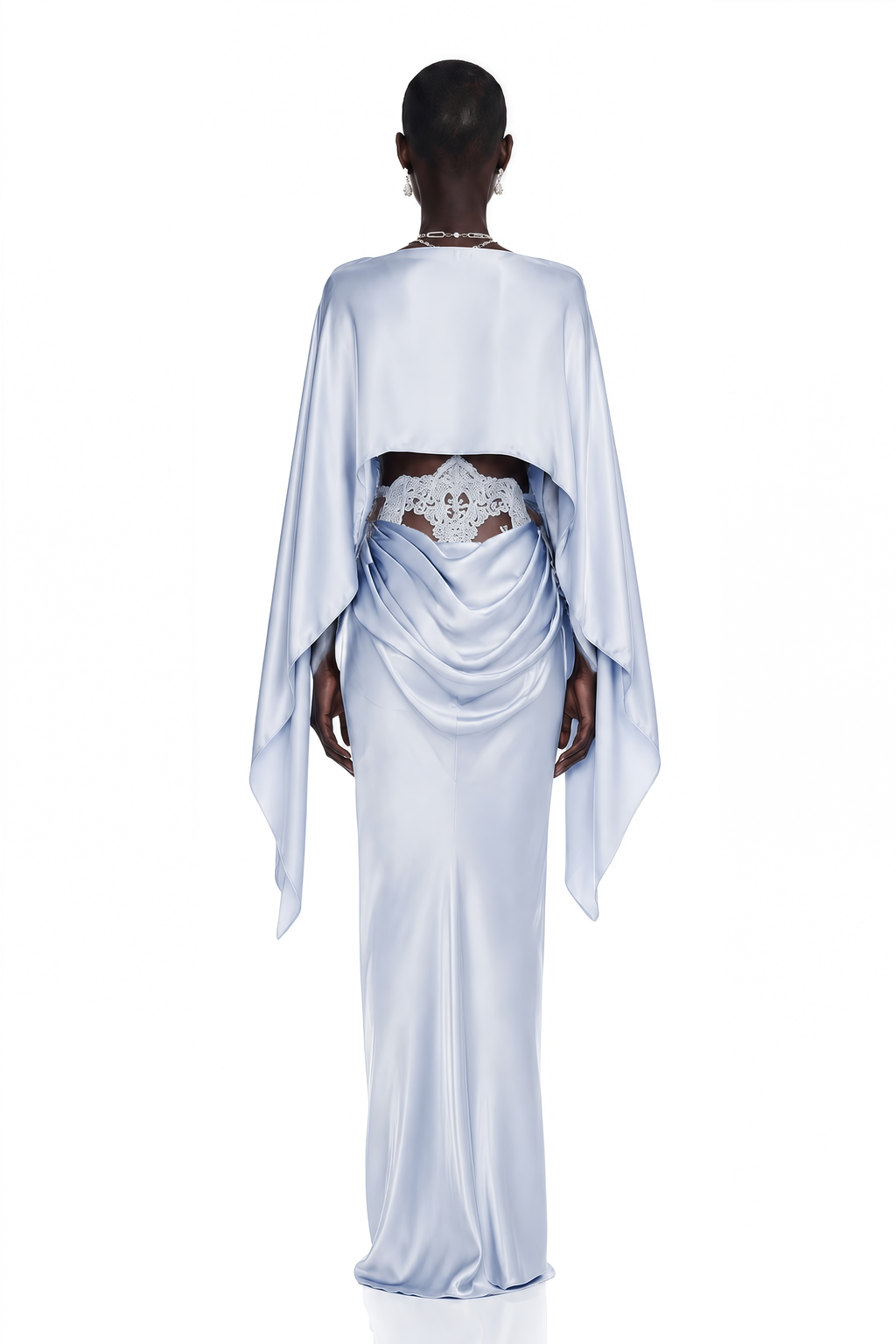 Amelia Blue Cape Top & Draped Skirt Set with Lace Panels