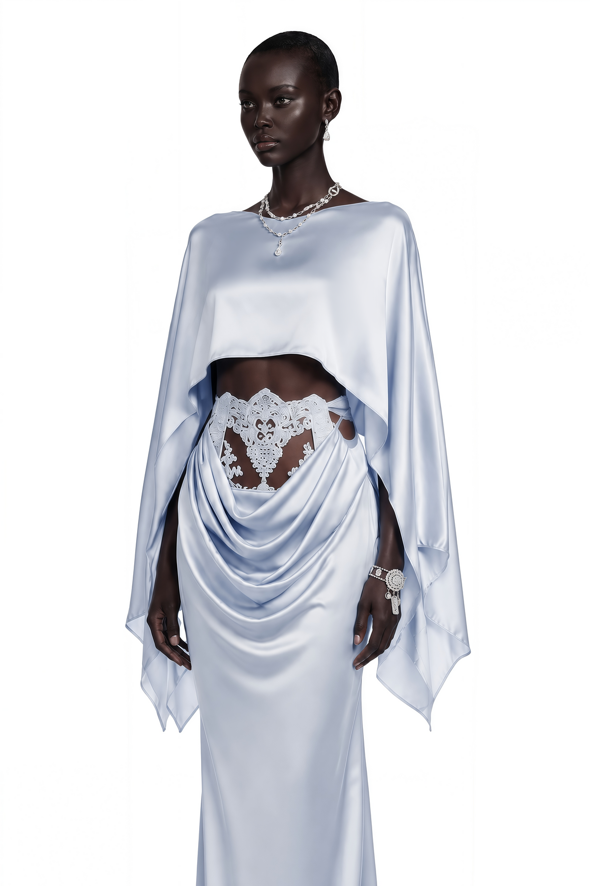 Amelia Blue Cape Top & Draped Skirt Set with Lace Panels