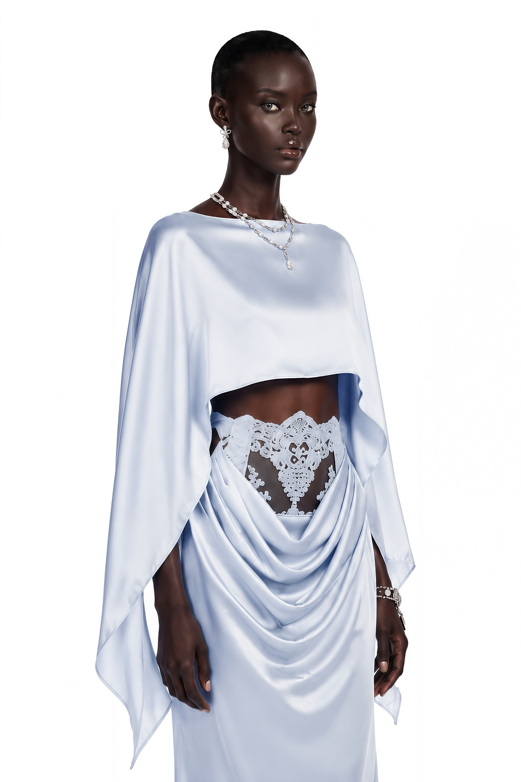 Amelia Blue Cape Top & Draped Skirt Set with Lace Panels