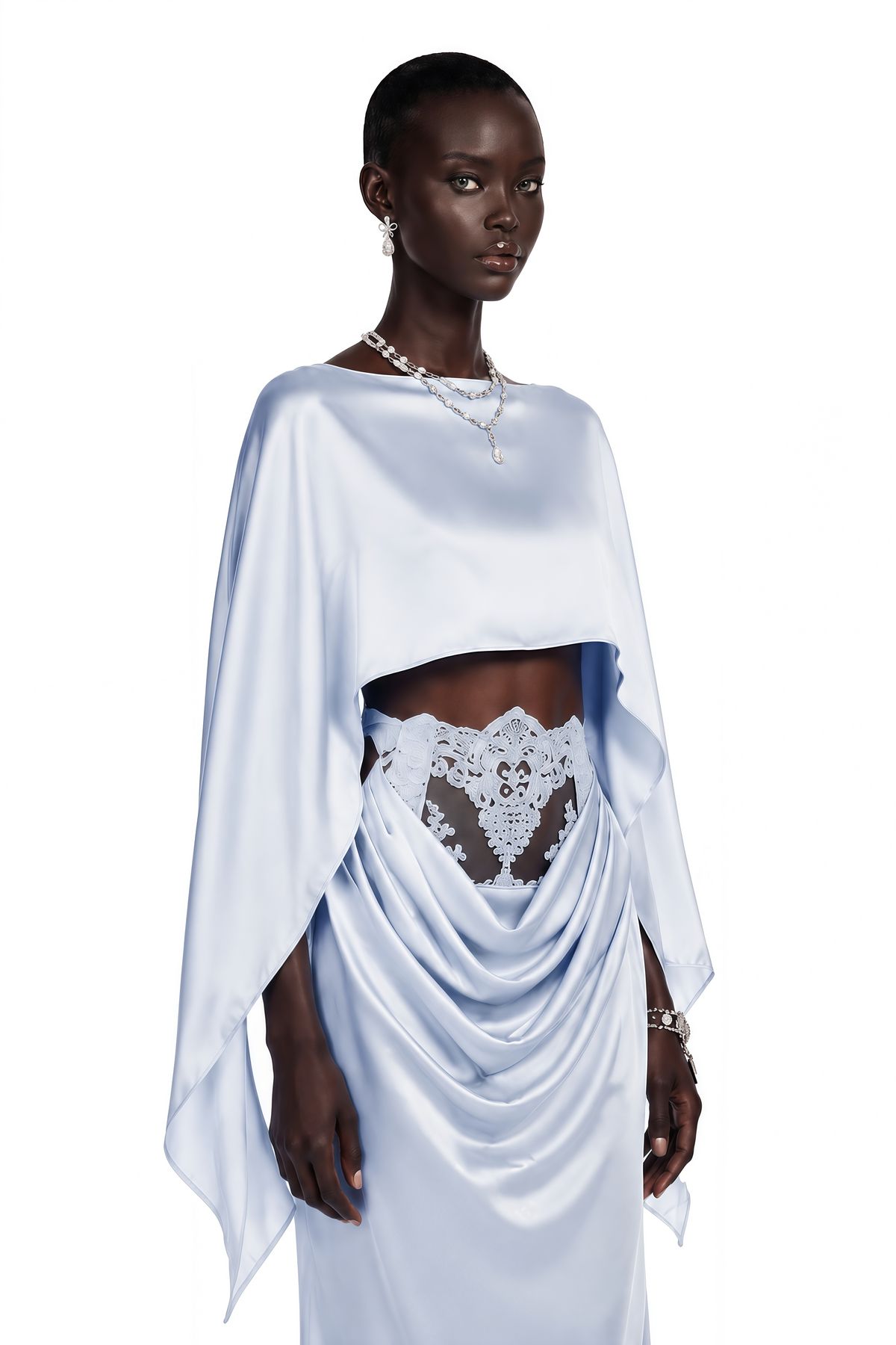 Amelia Blue Cape Top & Draped Skirt Set with Lace Panels