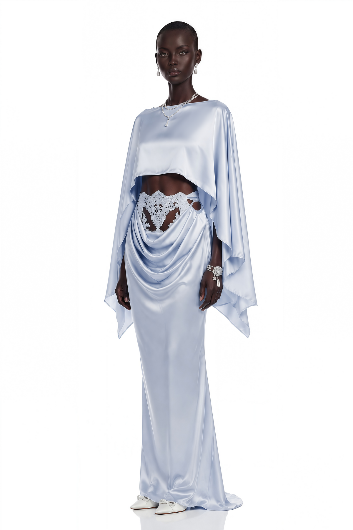 Amelia Blue Cape Top & Draped Skirt Set with Lace Panels