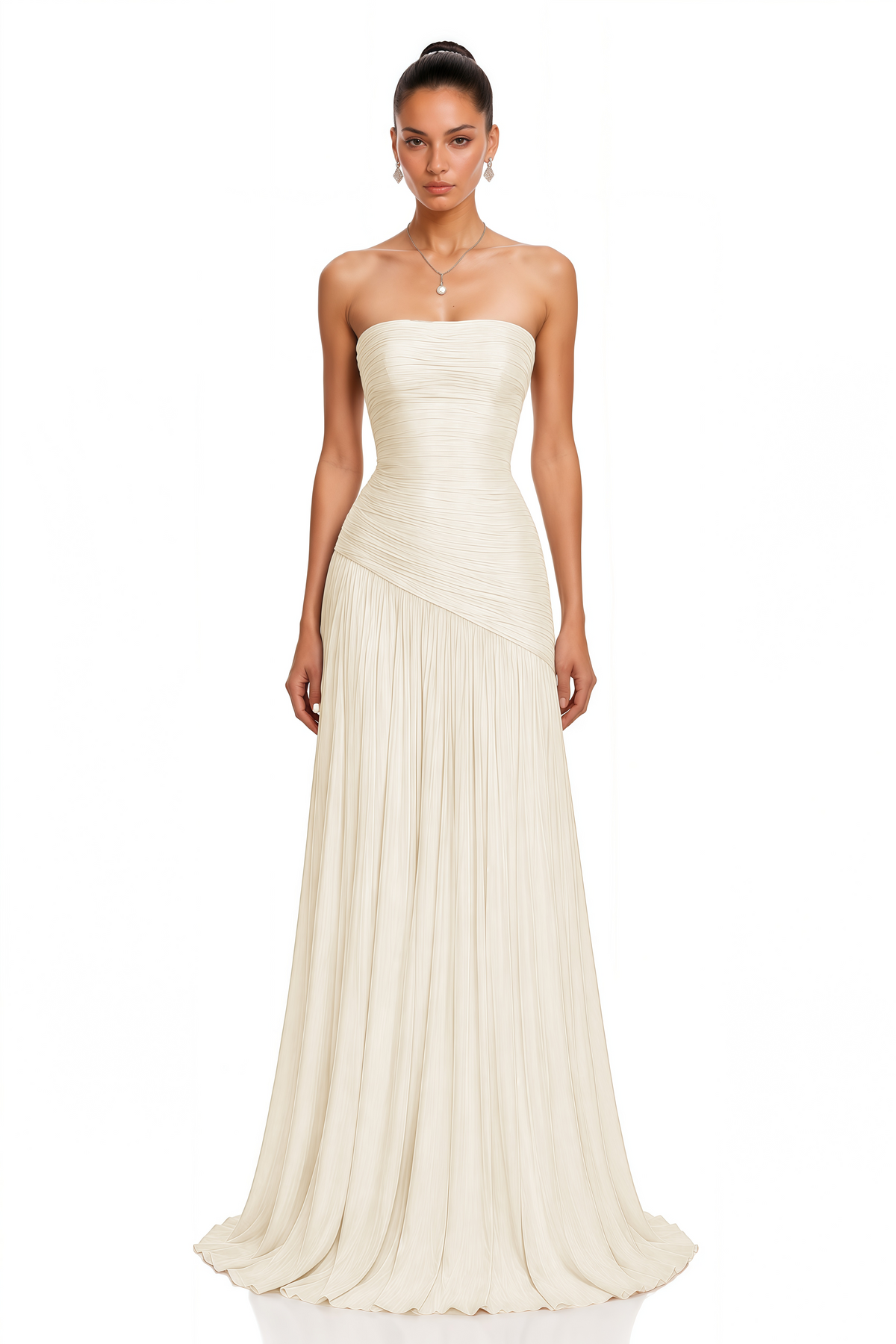 Angelina Champagne White Off Shoulder Pleated Maxi Dress