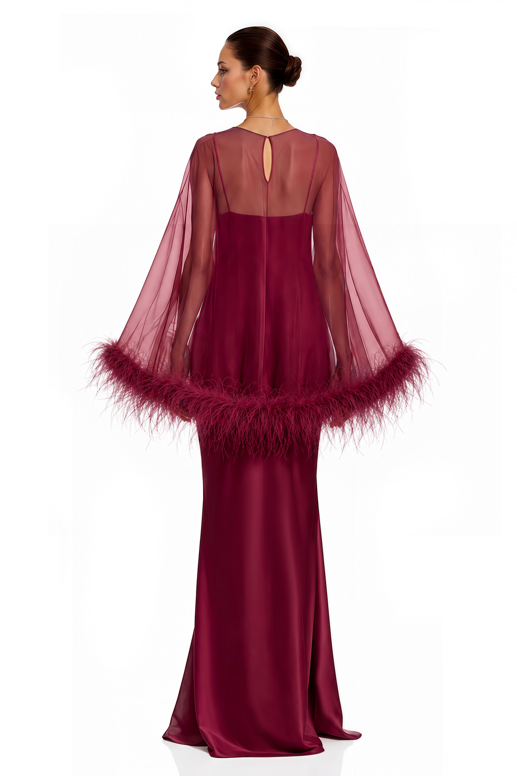 Araminta Burgundy Maxi Dress & Shawl Set with Feather Trim