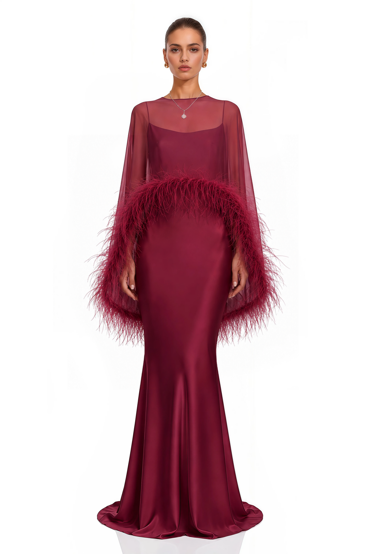 Araminta Burgundy Maxi Dress & Shawl Set with Feather Trim