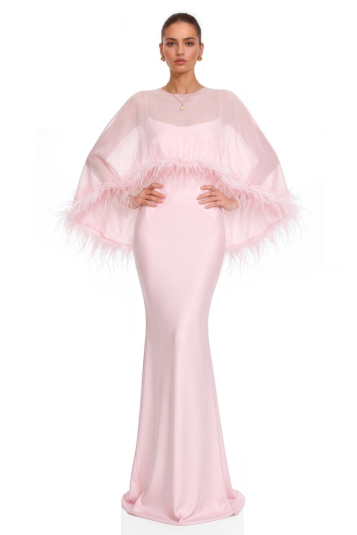 Araminta Pink Maxi Dress & Shawl Set with Feather Trim
