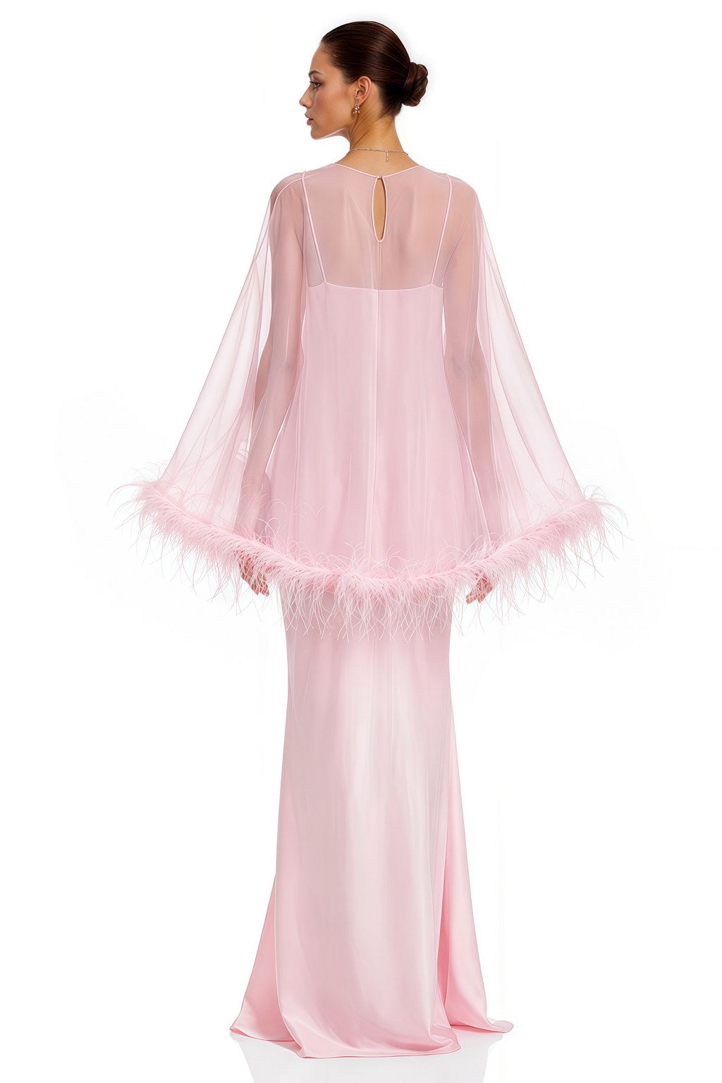 Araminta Pink Maxi Dress & Shawl Set with Feather Trim