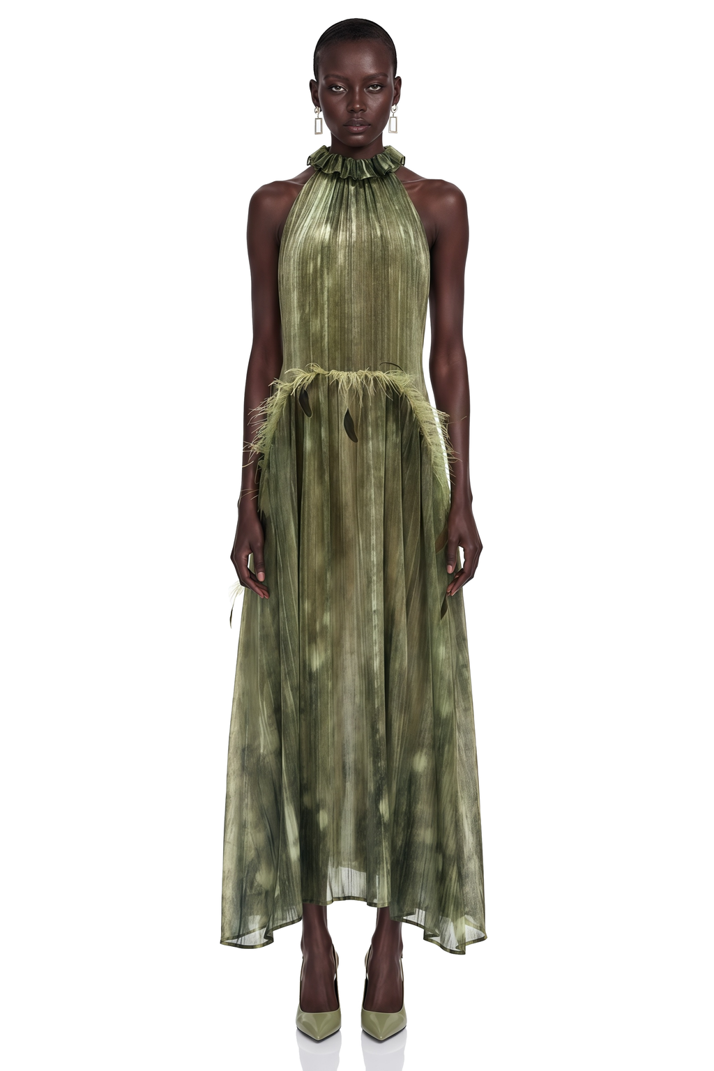 Areta Green Pleated Maxi Dress with Feather Trim