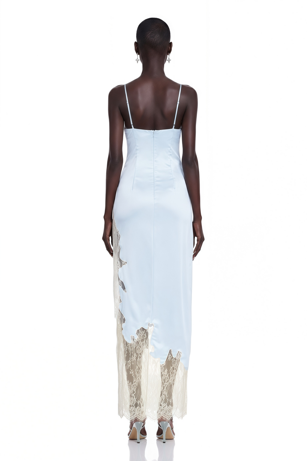 Aurelia Ice Blue Satin Lace-Panelled Cut-Out Maxi Dress