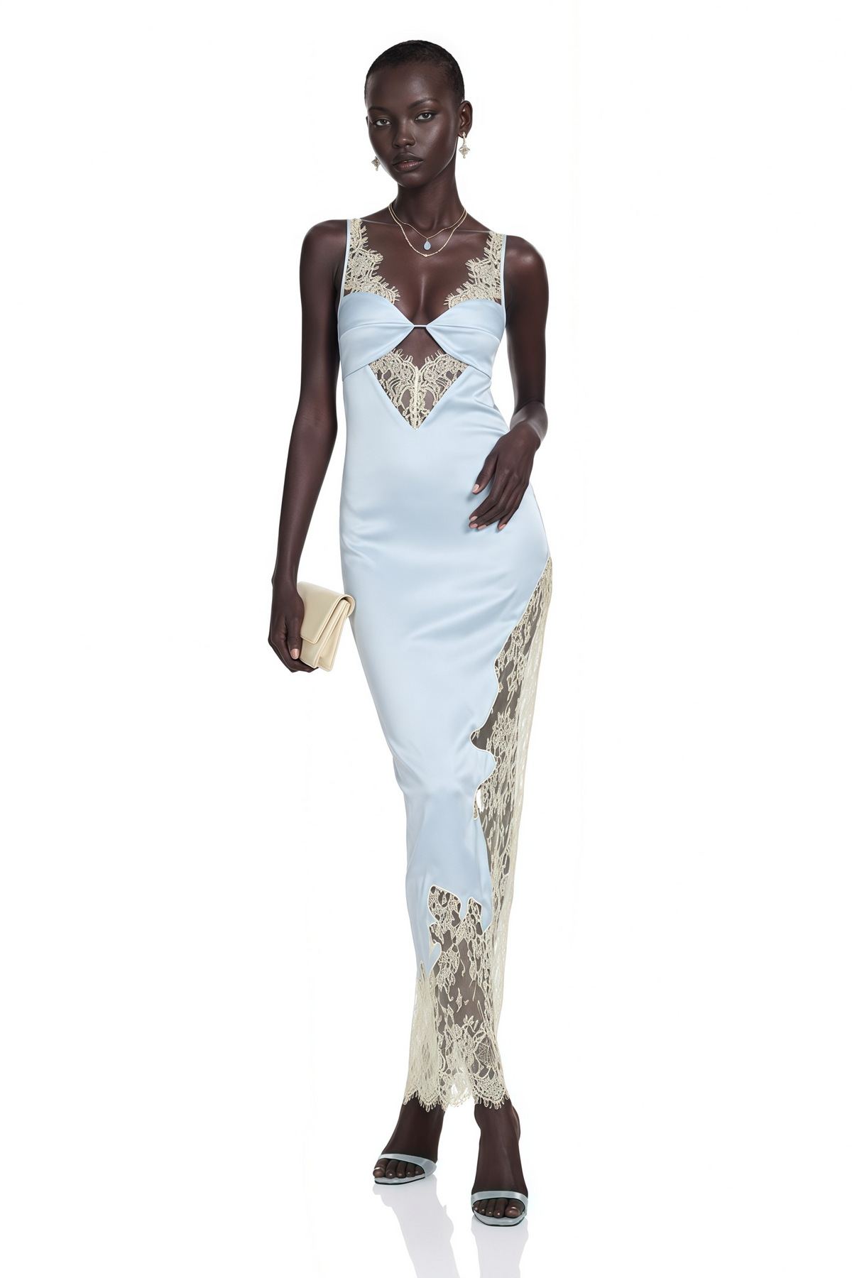 Aurelia Ice Blue Satin Lace-Panelled Cut-Out Maxi Dress