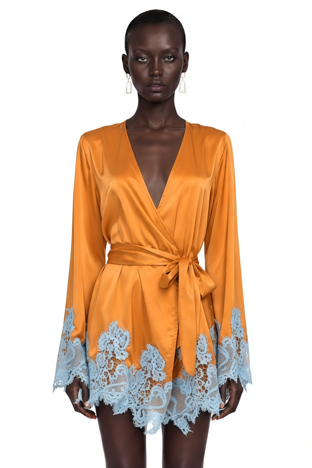 Aurelie Brown Wrap Mini Dress with Lace