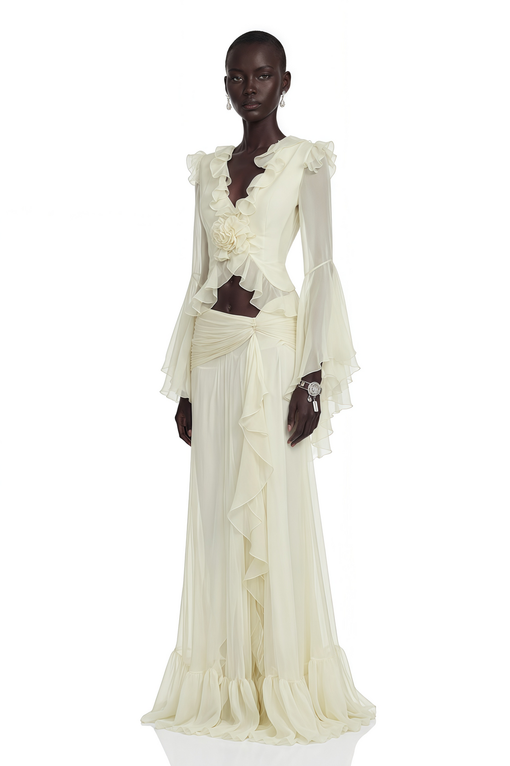 Aurora White Floral Applique Crop Top & Draped Skirt Set
