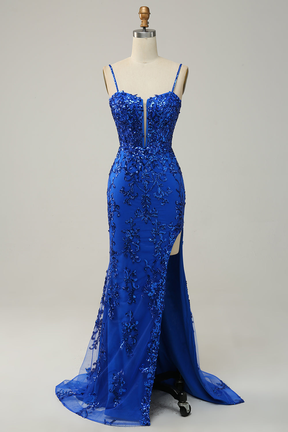 Red Spaghetti Straps Appliques Prom Dress with Slit