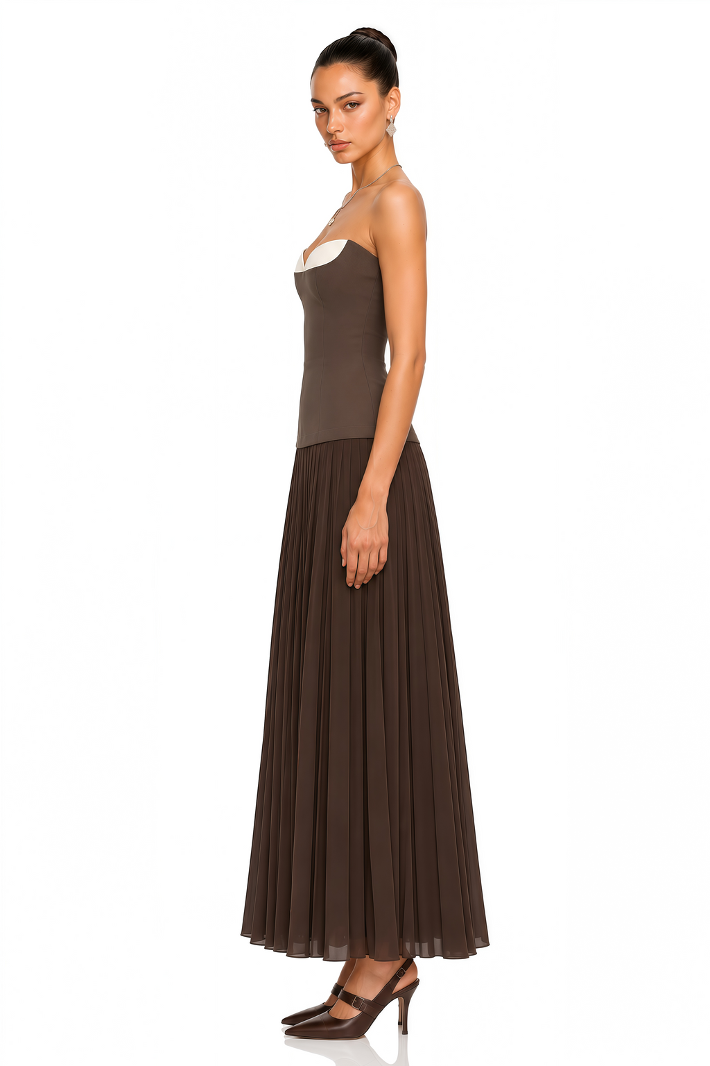 Bianca Brown Strapless Pleated Maxi Dress