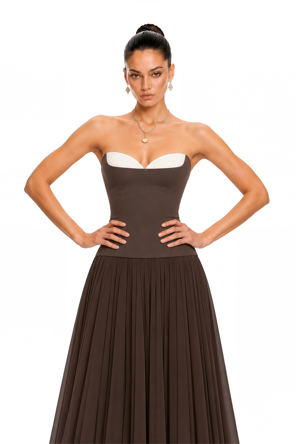 Bianca Brown Strapless Pleated Maxi Dress