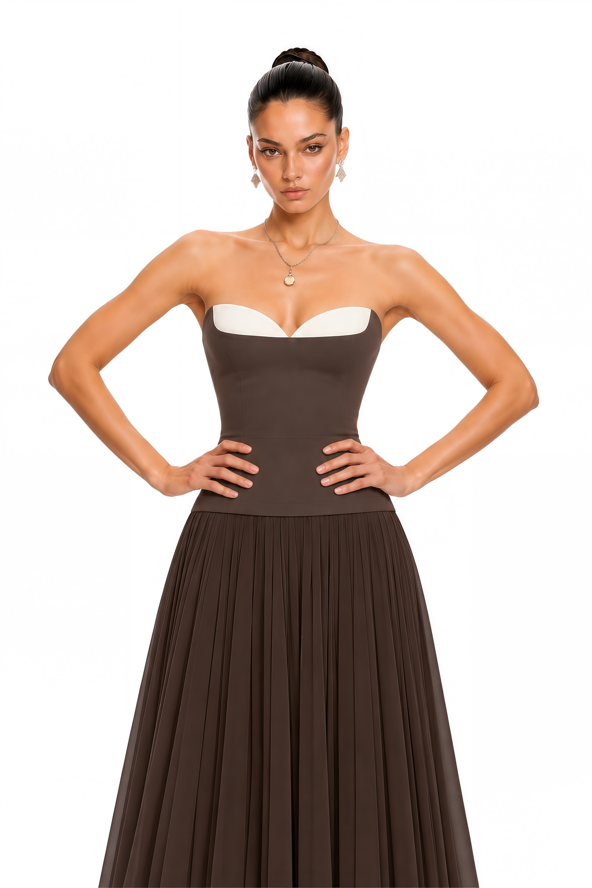 Bianca Brown Strapless Pleated Maxi Dress