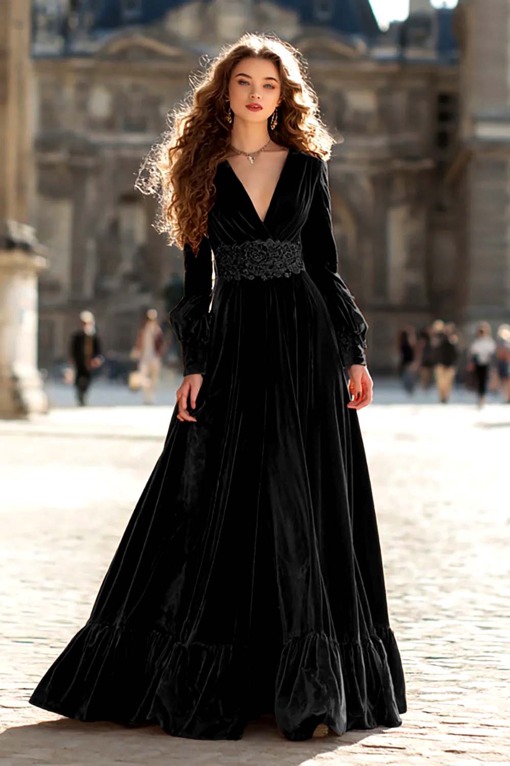 Brown Velvet A Line V-Neck Long Sleeves Formal Dress with Ruffles