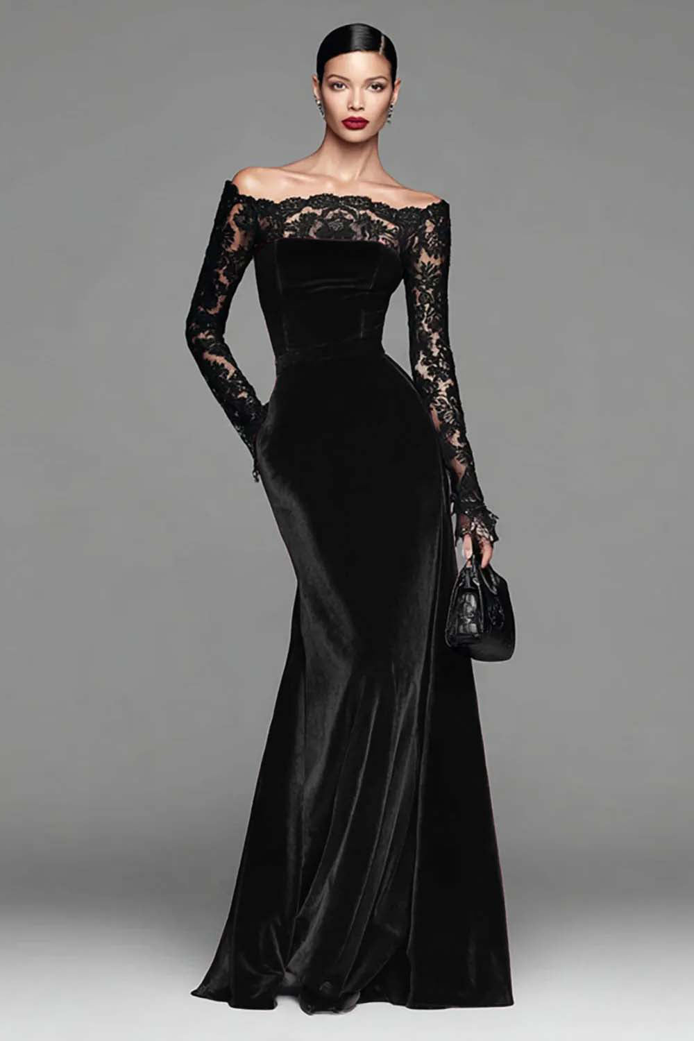 Burgundy Velvet Lace Off the Shoulder Mermaid Long Sleeves Formal Dress