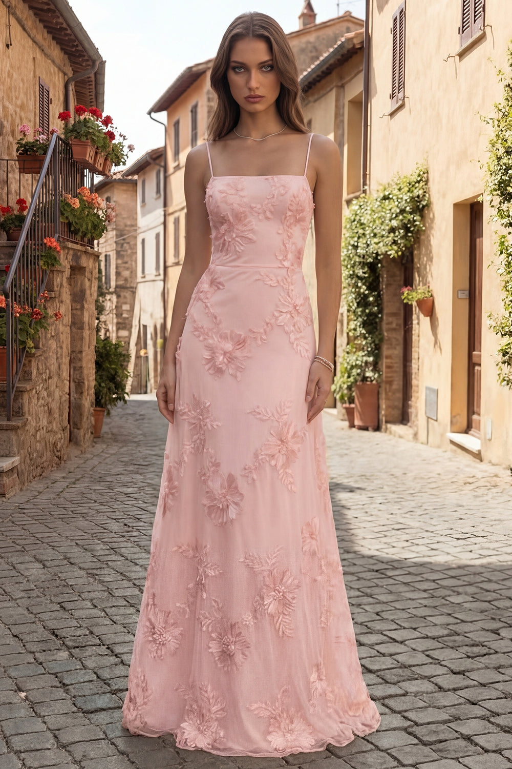 Yellow Spaghetti Straps Long A Line Floral Appliqued Prom Dress