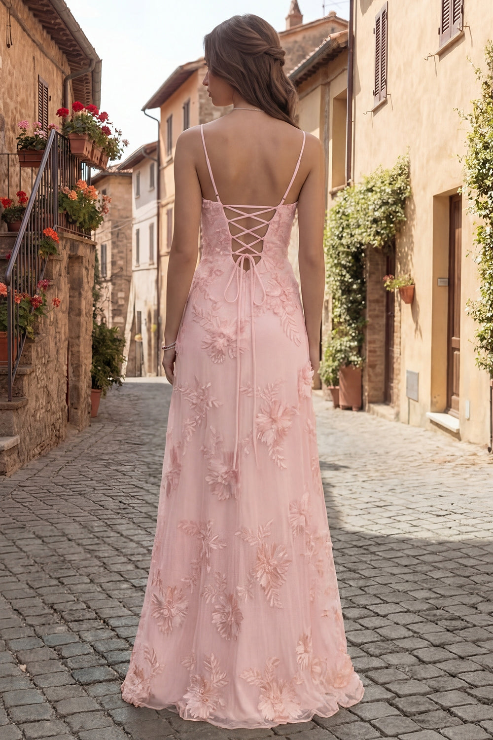 Yellow Spaghetti Straps Long A Line Floral Appliqued Prom Dress