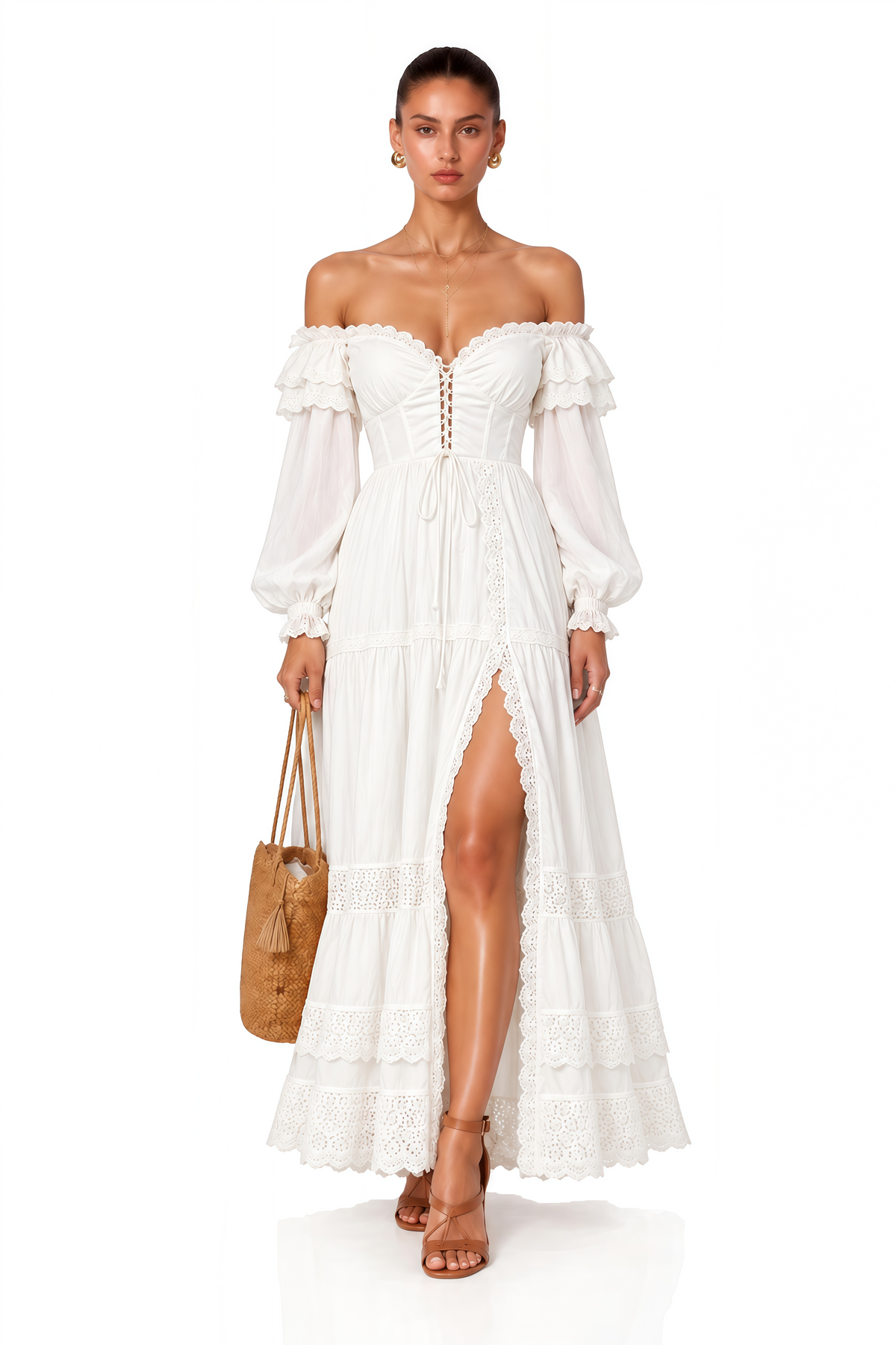Brielle White Off Shoulder Lace Maxi Dress with Slit