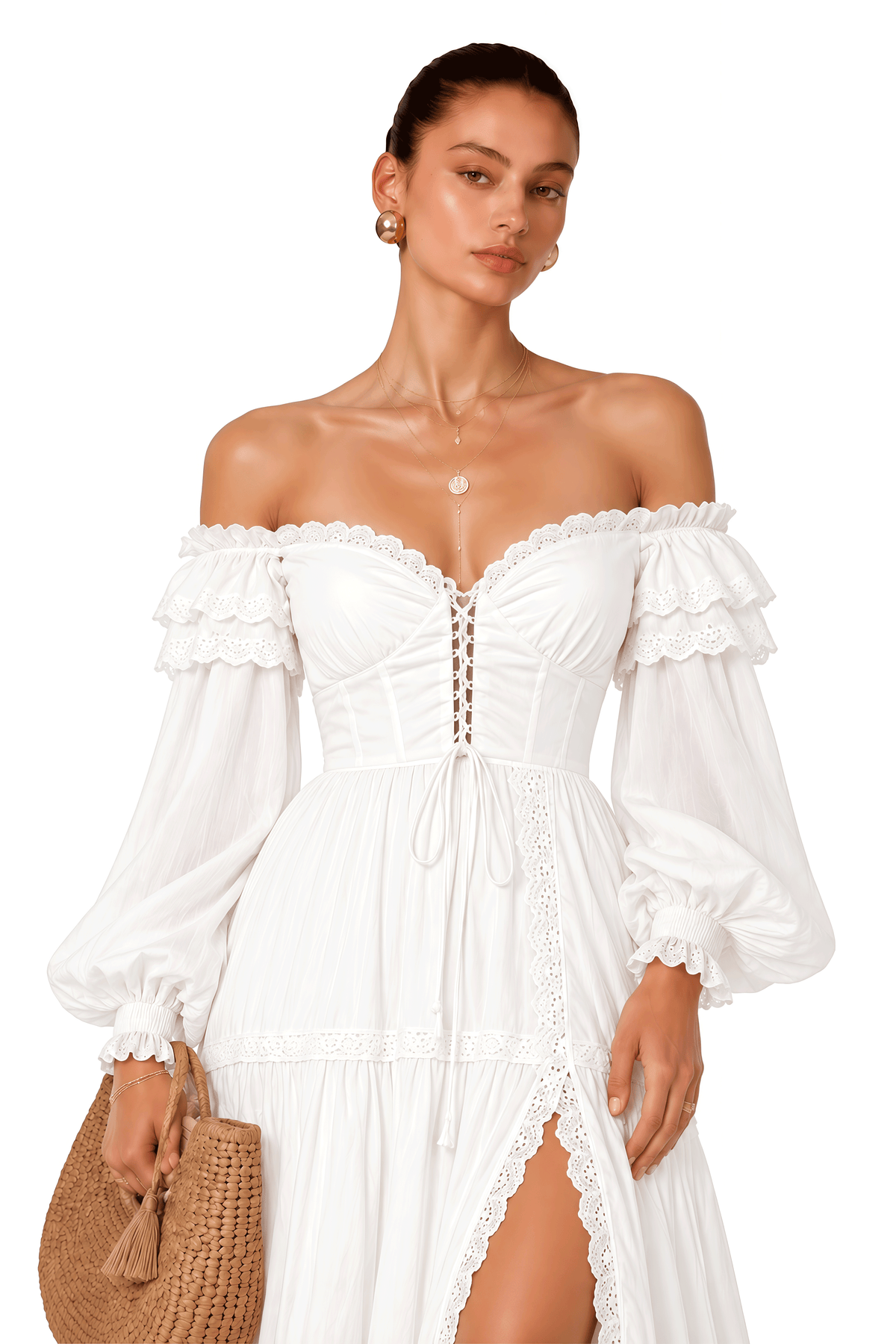Brielle White Off Shoulder Lace Maxi Dress with Slit