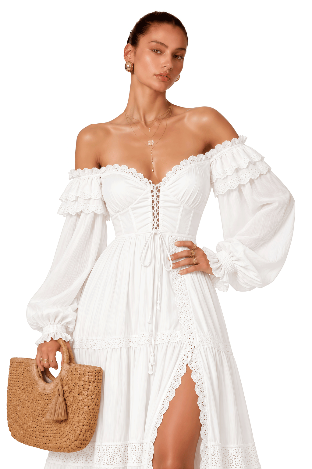Brielle White Off Shoulder Lace Maxi Dress with Slit