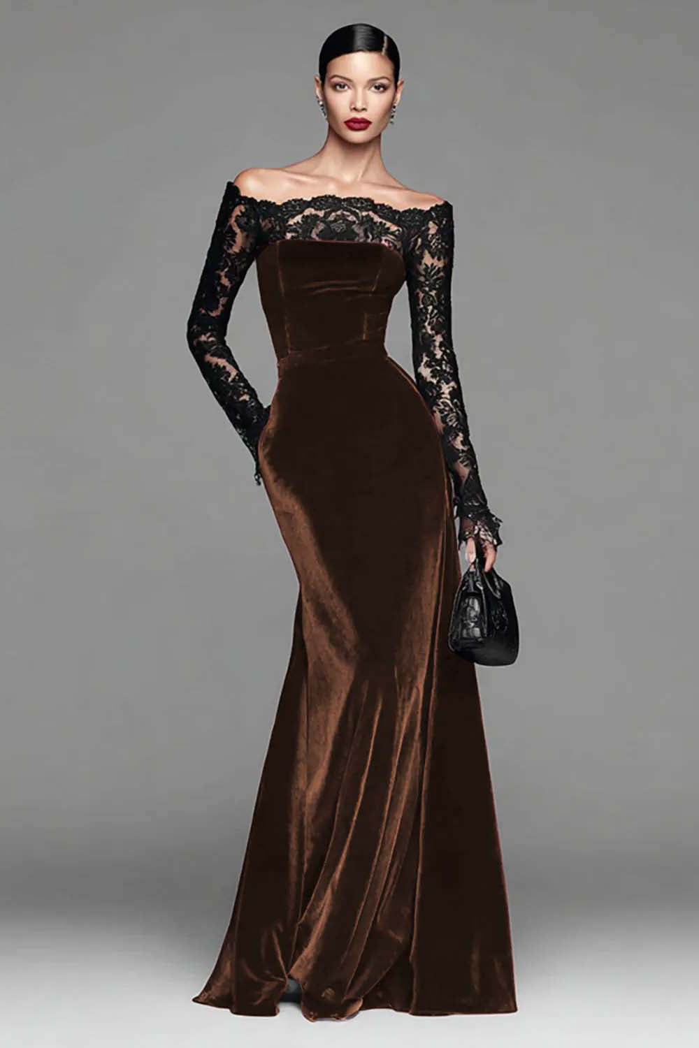 Burgundy Velvet Lace Off the Shoulder Mermaid Long Sleeves Formal Dress