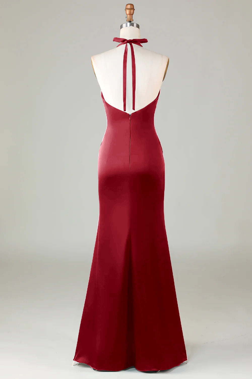 Burgundy Mermaid Halter Long Satin Bridesmaid Dress