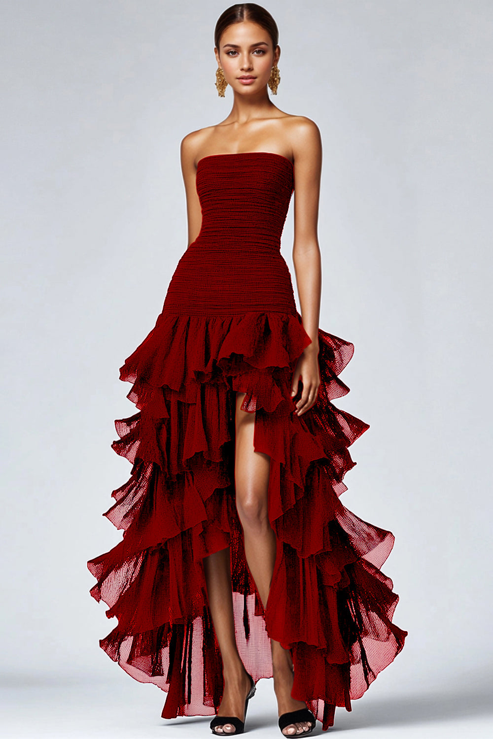 A Line Black Strapless Tiered Formal Dress with Slit