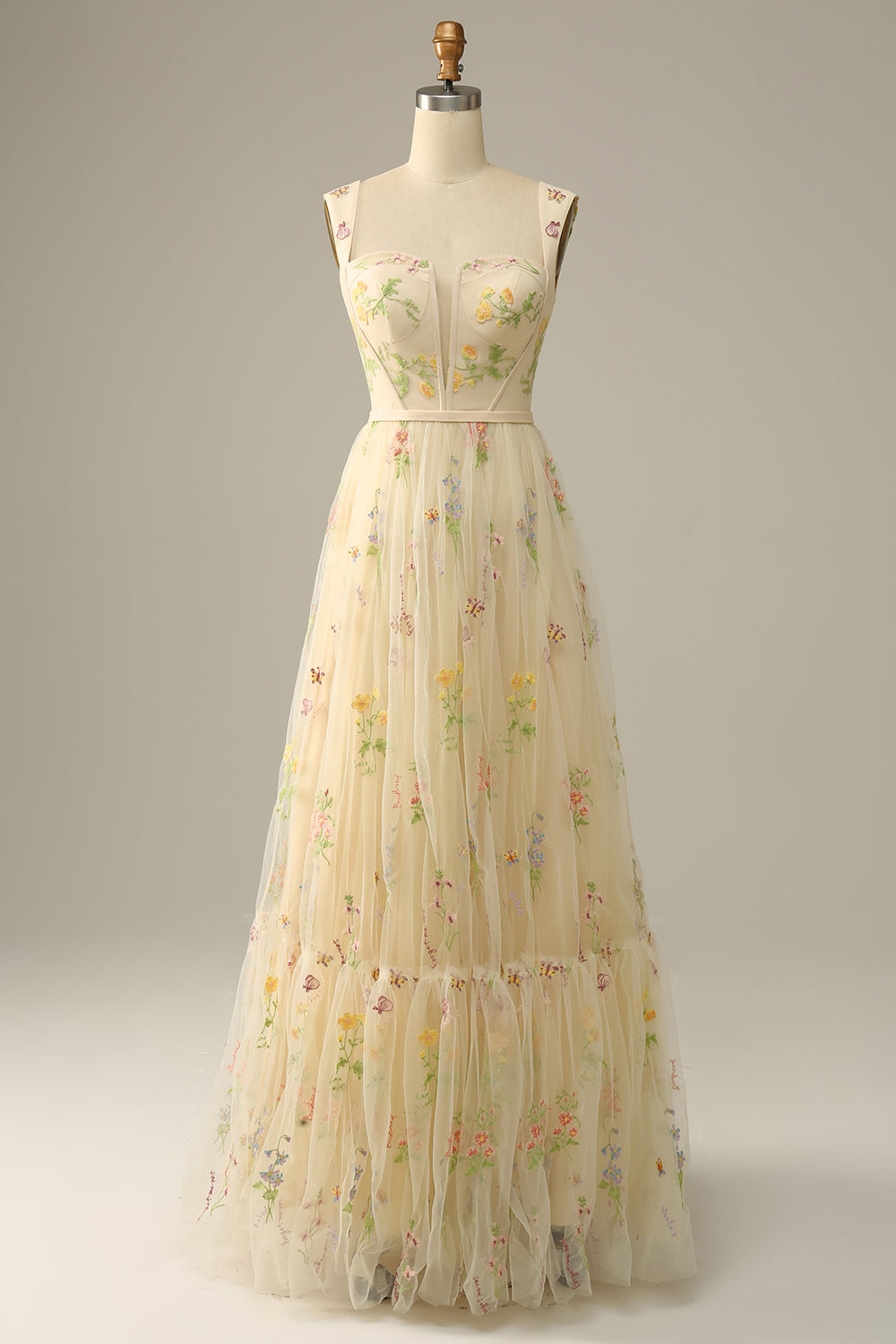 A Line Champagne Tulle Floral Prom Dress