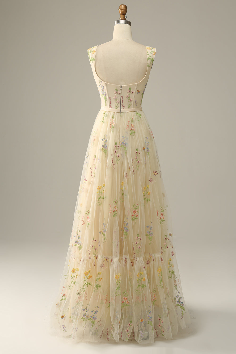A Line Green Tulle Floral Prom Dress