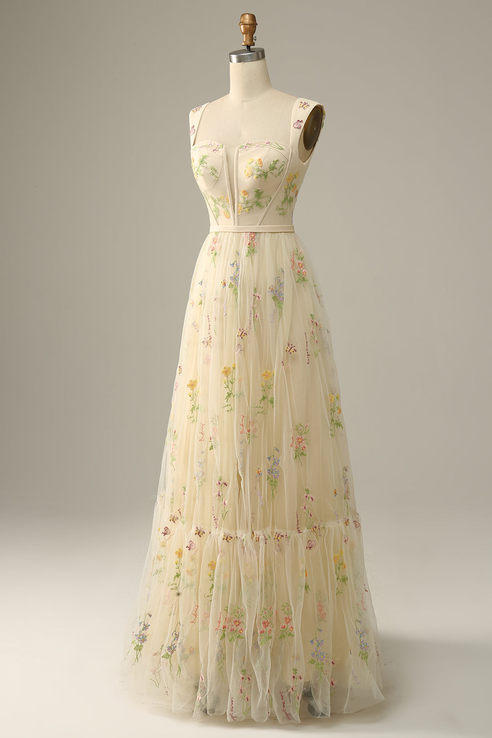 A Line Green Tulle Floral Prom Dress