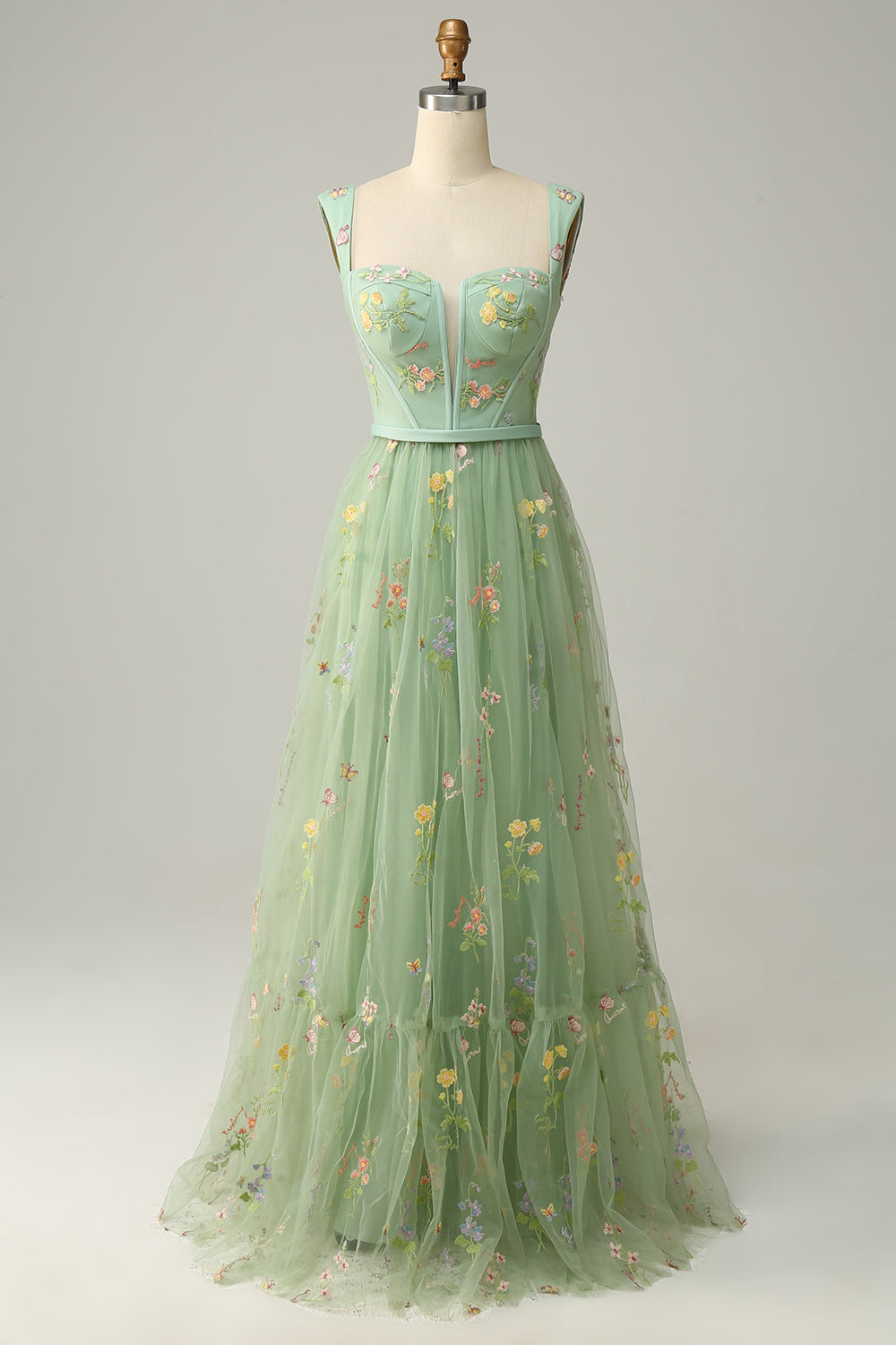 A Line Grey Blue Tulle Floral Prom Dress