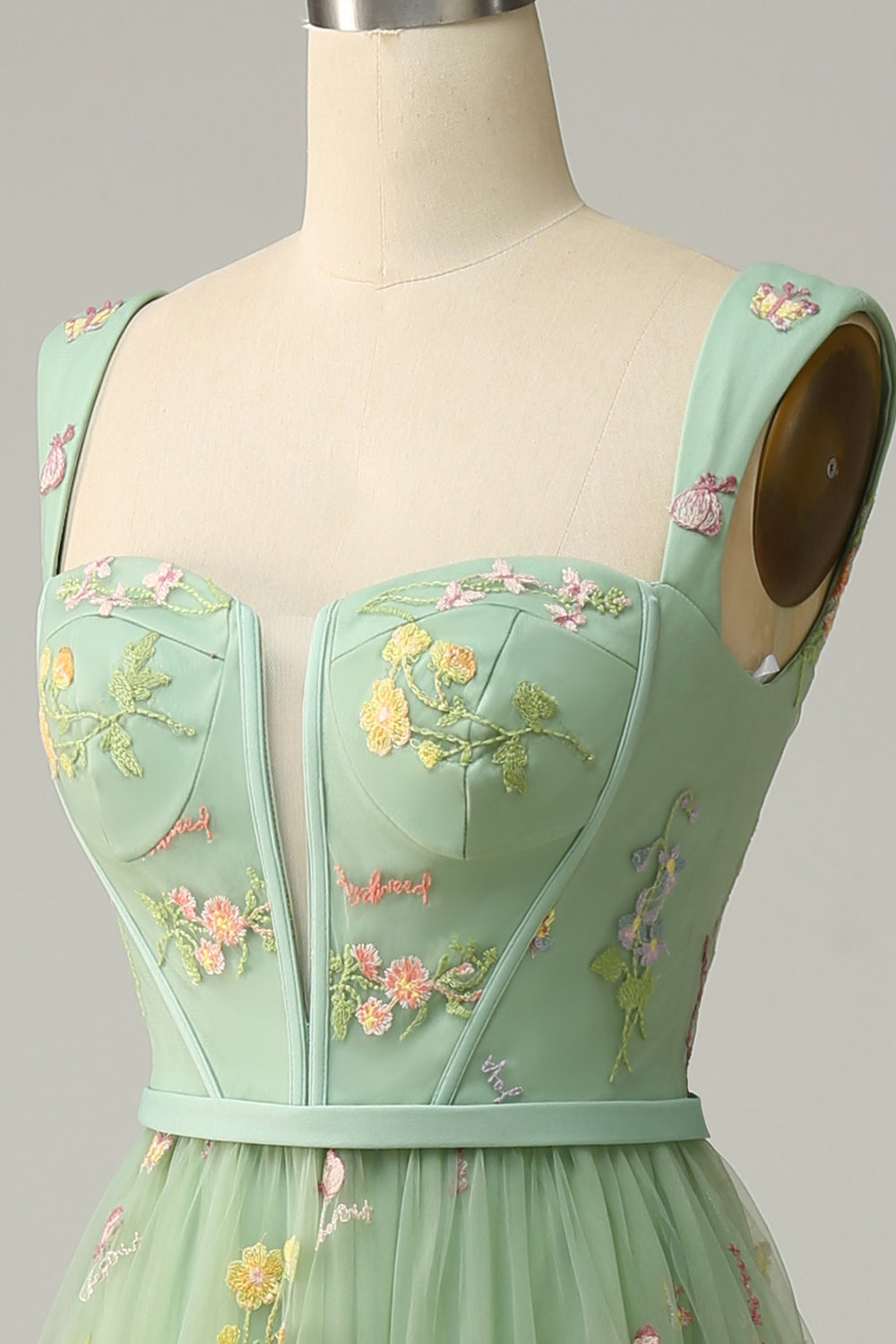 A Line Green Tulle Floral Prom Dress