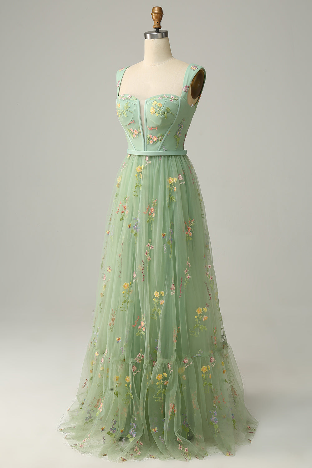 A Line Grey Blue Tulle Floral Prom Dress