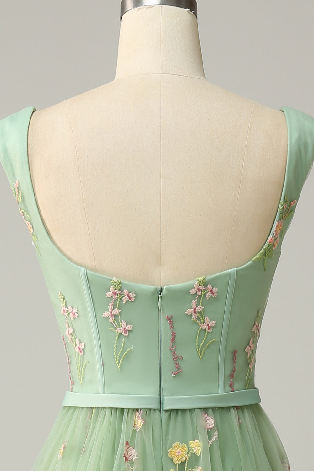 A Line Green Tulle Floral Prom Dress