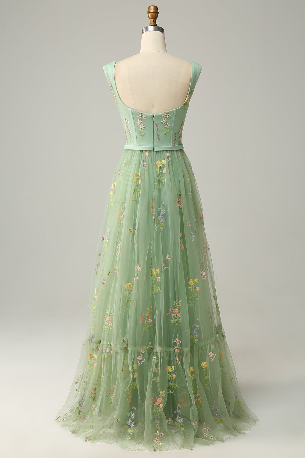 A Line Grey Blue Tulle Floral Prom Dress