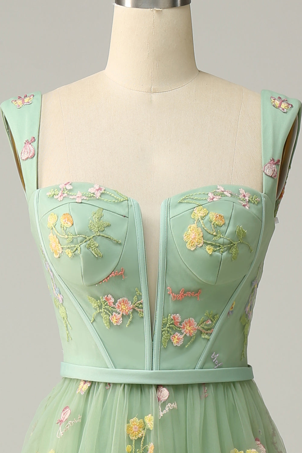 A Line Green Tulle Floral Prom Dress