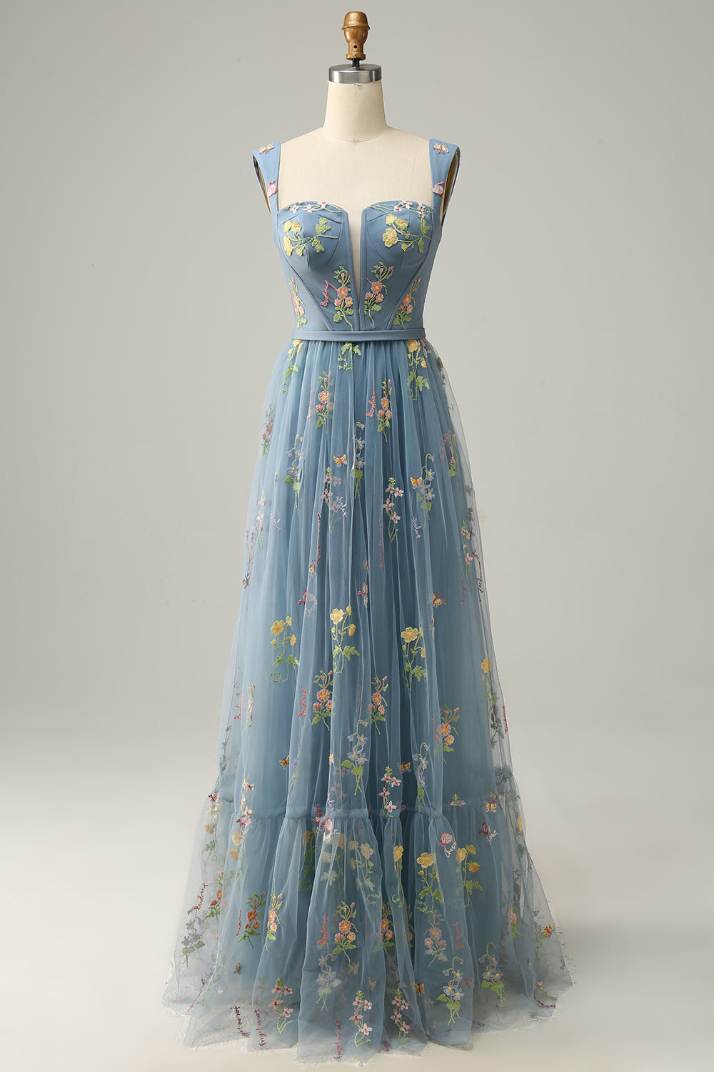 A Line Green Tulle Floral Prom Dress