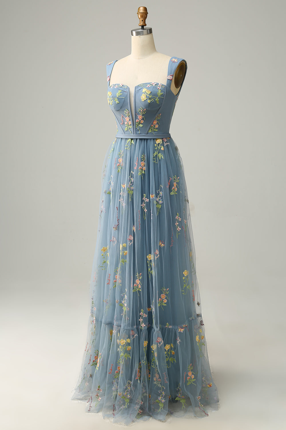 A Line Green Tulle Floral Prom Dress
