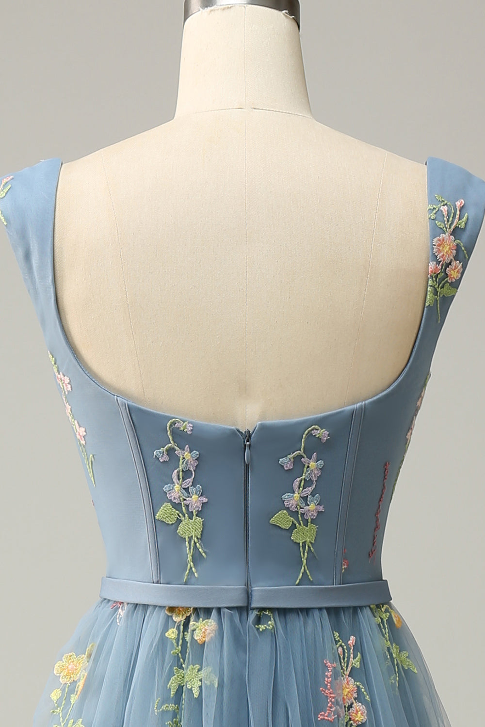 A Line Grey Blue Tulle Floral Prom Dress