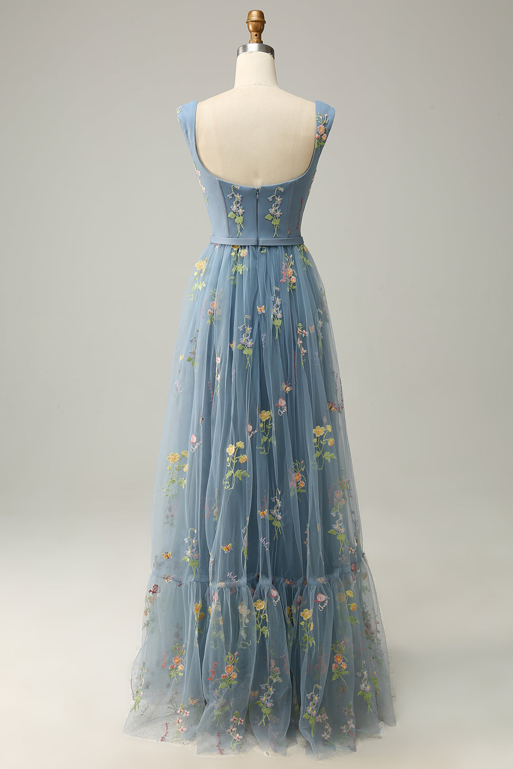 A Line Green Tulle Floral Prom Dress