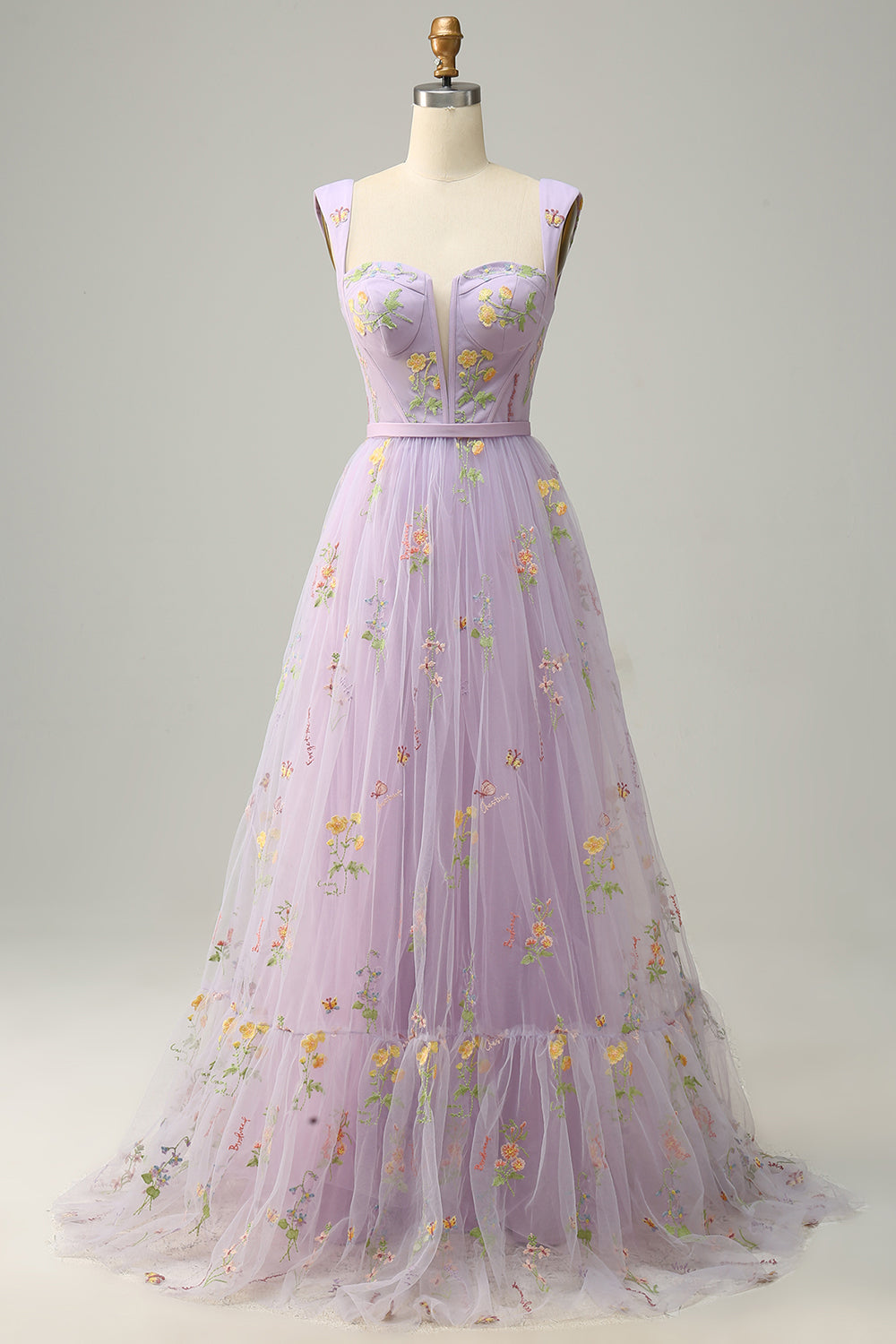 A Line Champagne Tulle Floral Prom Dress