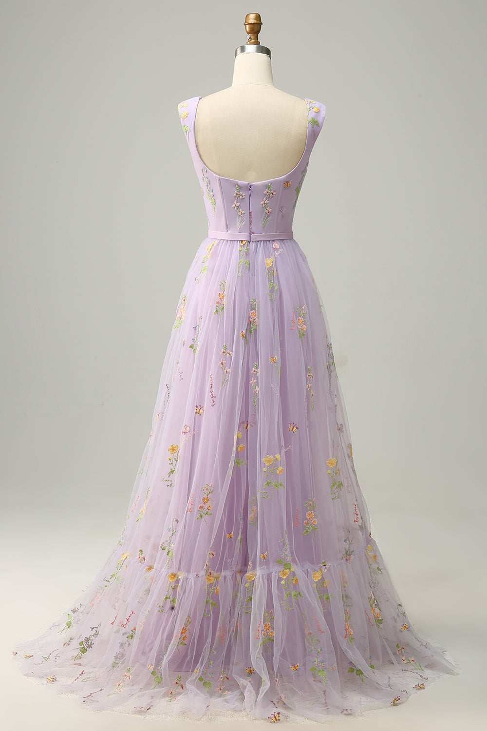 A Line Grey Blue Tulle Floral Prom Dress