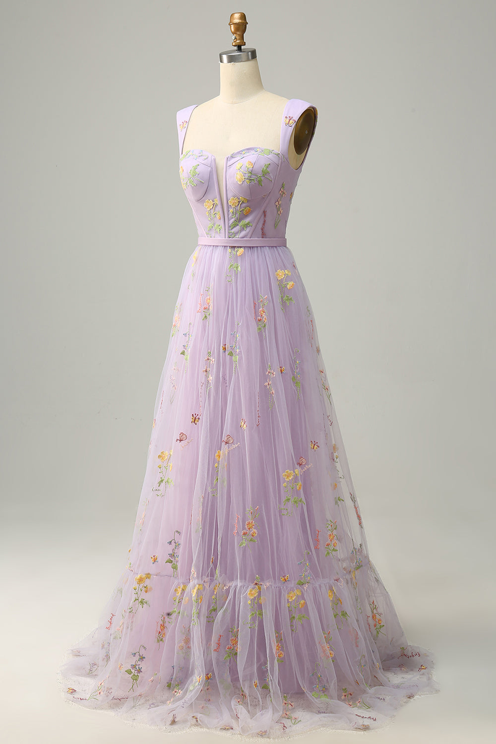 A Line Grey Blue Tulle Floral Prom Dress