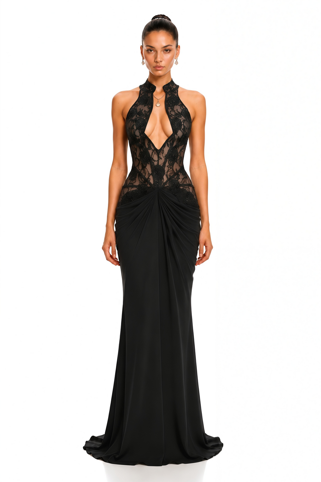Carolina Black Plunge Neck Embellished Ruched Maxi Dress