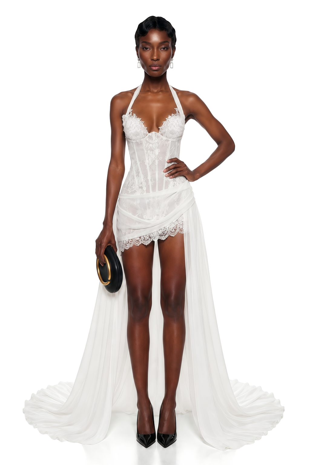 Céleste White Halterneck Floral Lace Mini Dress with Train