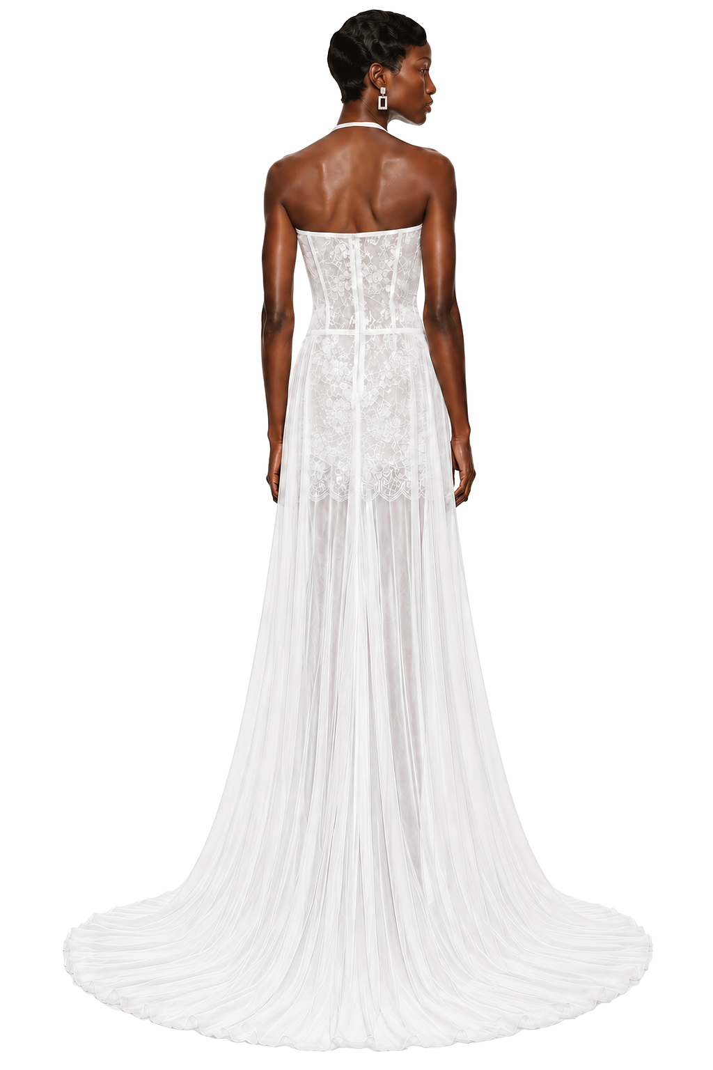 Céleste White Halterneck Floral Lace Mini Dress with Train