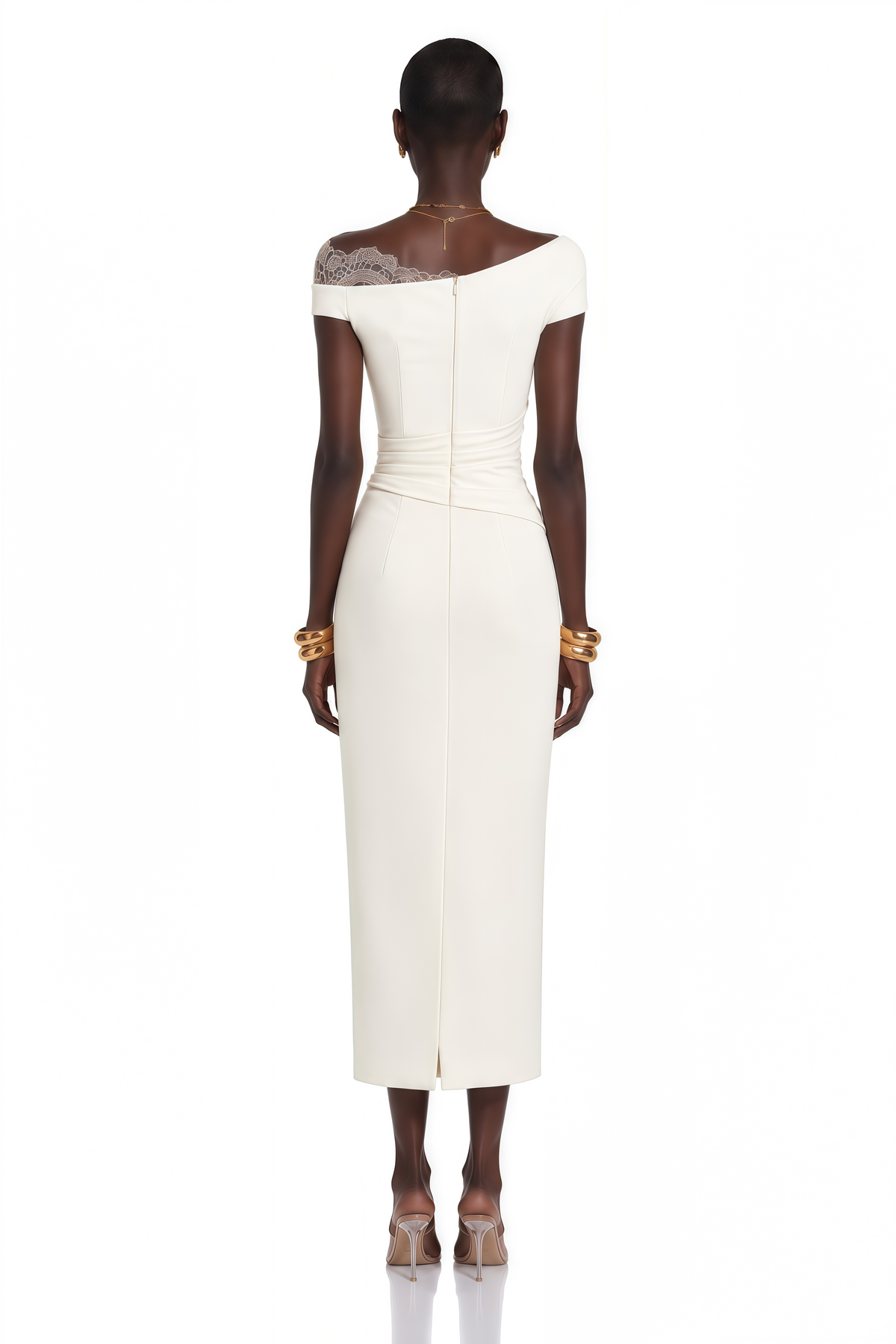 Roshanak White One Shoulder Midi Dress with Lace Panels