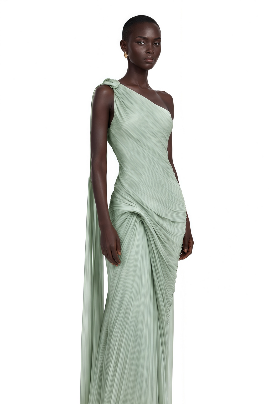Meissa Green Asymmetrical Ruched Maxi Dress